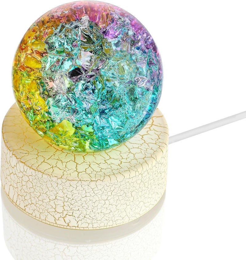 ZEERSHEE 2.3inch Colorful Ice Cracked Crystal Ball with Warm Light Base Glass Decorative Ball Paperweight Home Decor Fengshui Accessories Ornament - Image 1